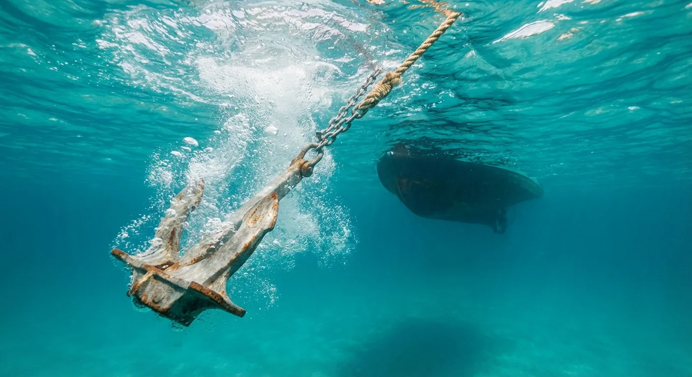 Bootsanker wird ins klare Wasser gelassen — Ankerkette und Spritzer