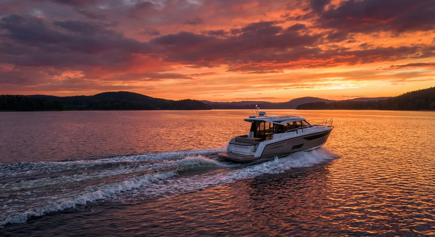 Motorboote auf einem See bei Sonnenuntergang — Sportboote, Konsolenboote und Bowrider