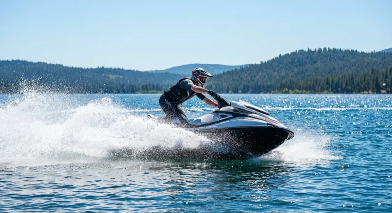 Person fährt Jet Ski bei voller Geschwindigkeit auf einem See